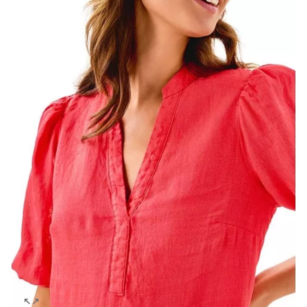 Lilly Pulitzer Mialeigh Linen Puff Sleeve Tunic Dress in Coral - Picture 4 of 6